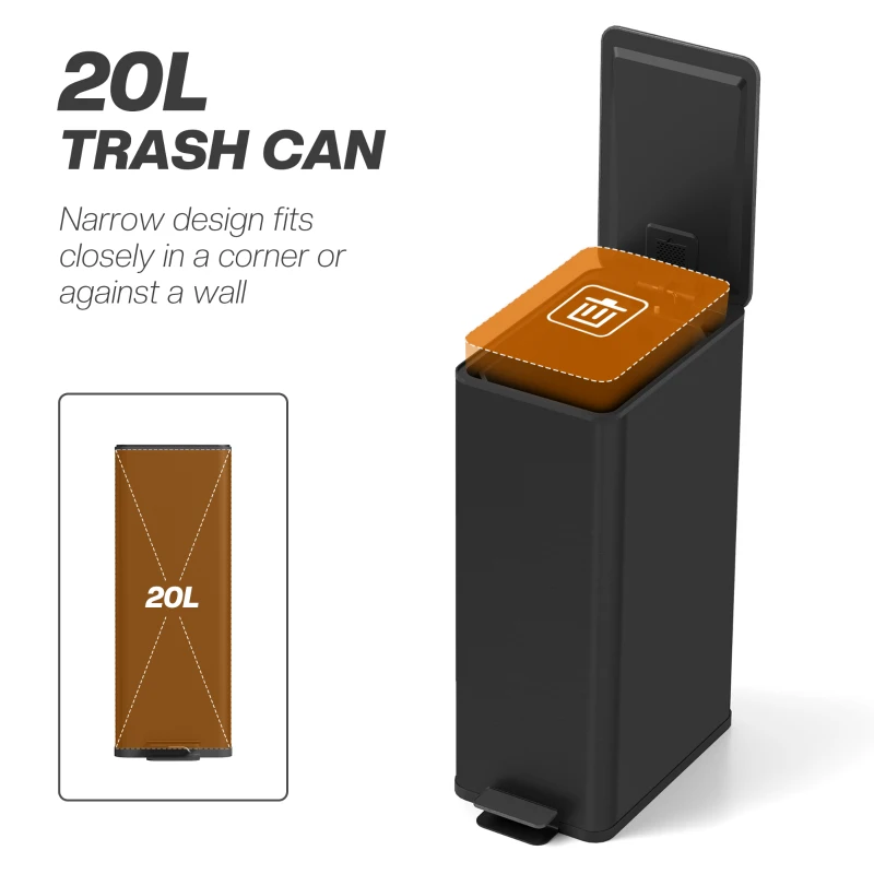 HOMCOM Kosz na Śmieci 20L, Pokrywka Soft-Close, Miejsce na Dezodorant, Odporna na Odciski Palców Stal Nierdzewna, Czarny