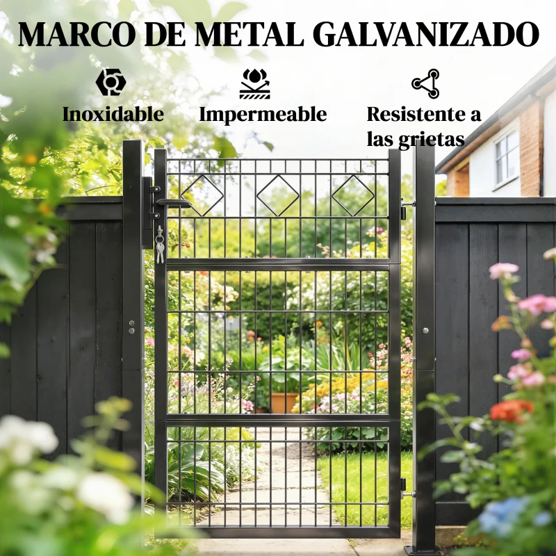 Outsunny Puerta de Jardín 100 x 131 cm Puerta de Valla de Metal Galvanizado con Cerradura Llaves Manilla y 2 Postes Gris Oscuro