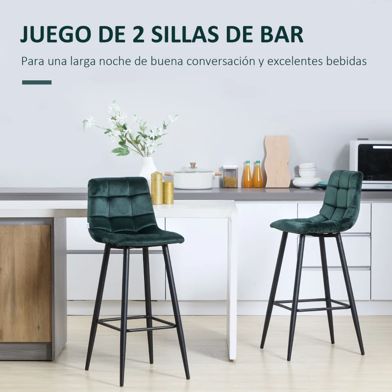 HOMCOM Juego de 2 Taburetes Altos de Cocina Taburetes de Bar Tapizados en Terciopelo con Reposapiés y Respaldo Verde