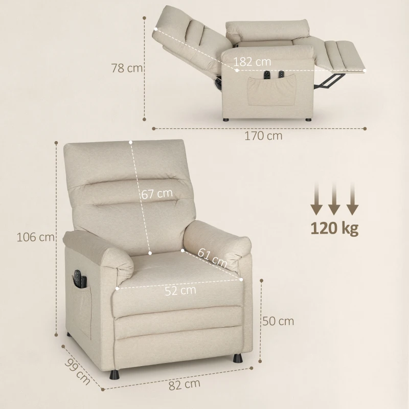 HOMCOM Fauteuil Inclinable avec Repose-pieds, Chauffage, 8 Points de Massage et 5 Modes, Tissu Velouté, Beige