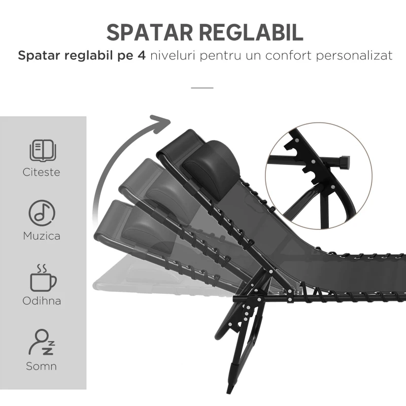 Outsunny Set 2 Șezlonguri din Oțel cu Spătar Reglabil, 189x58x30 cm, Negru