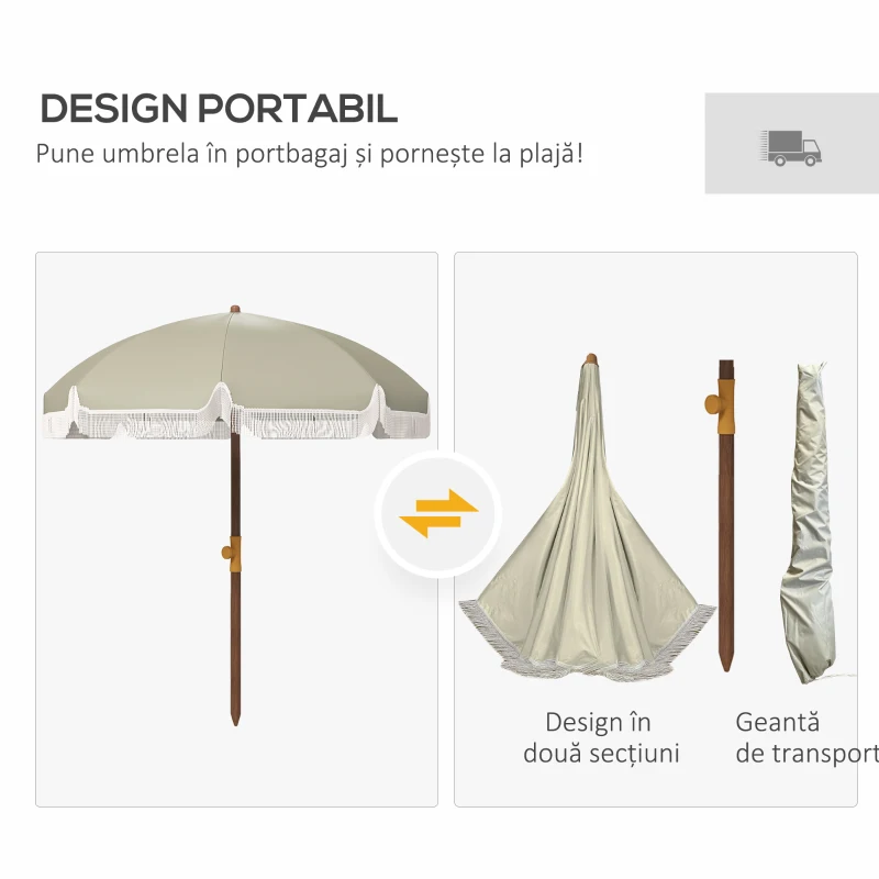 Outsunny Umbrelă de Plajă Portabilă cu Volane în Aer Liber cu Baldachin Ventilat, Geantă de Transport, Ø1.9x2.1 m, Alb-Crem