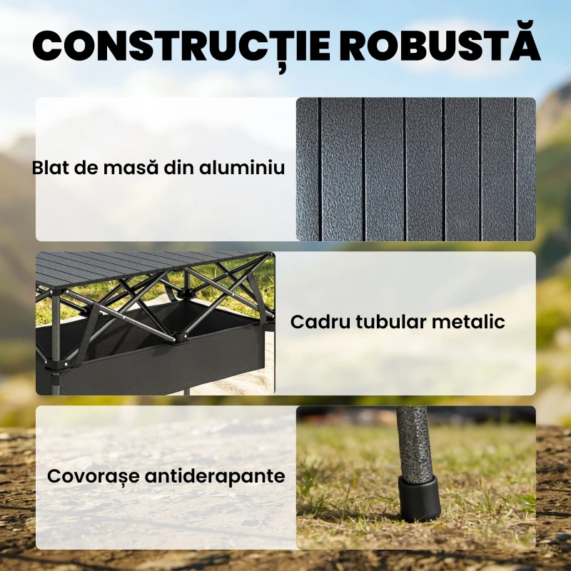 Masă de Picnic Pliabilă și Portabilă Outsunny cu Plasă de Depozitare și Geantă de Transport, pentru Camping și Exterior, Neagră