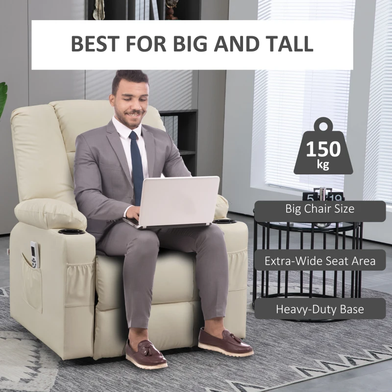 HOMCOM Fotel masujący z funkcją wyjścia dla seniorów, z pilotem zdalnego sterowania, 4 tryby masażu, 90 cm x 98 cm x 102 cm, Kremowy