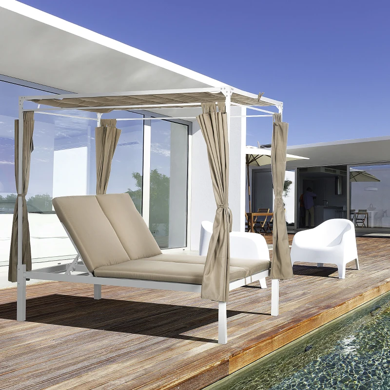 Outsunny Lit de jardin bain de soleil transat inclinable avec auvent rétractable, 2 places - 4 rideaux et matelas