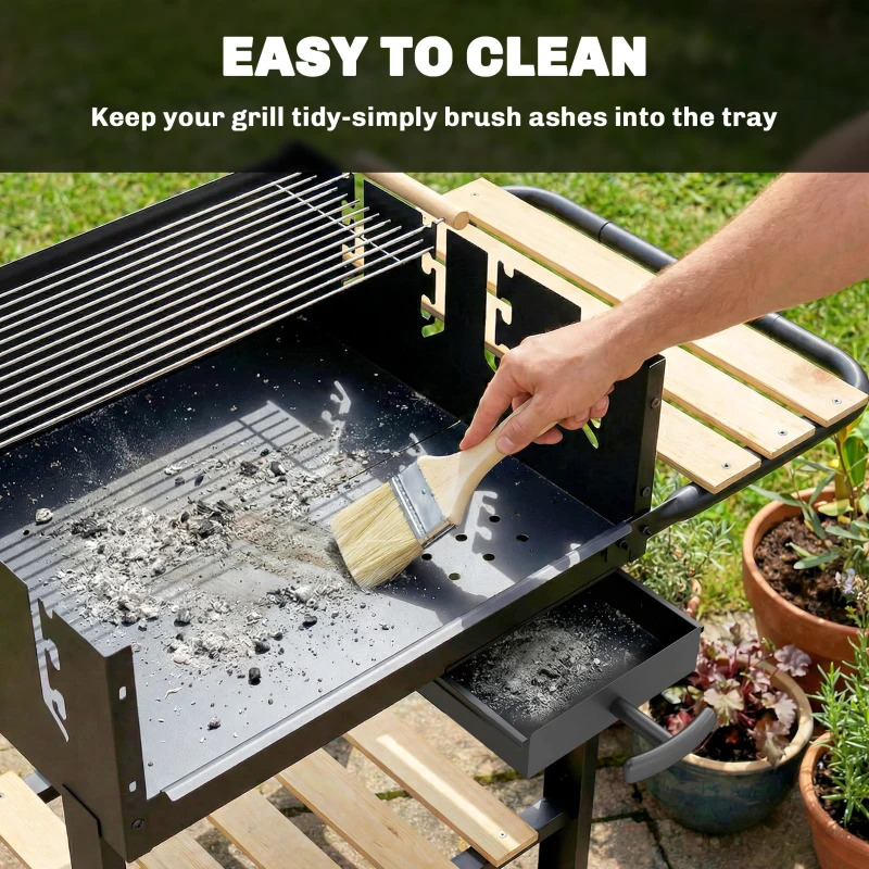 Outsunny Grill na węgiel drzewny z 4-stopniową regulacją wysokości rusztu, 2 drewniane półki, 2 kółka, tacka na popiół, 99,5 x 58 x 82 cm