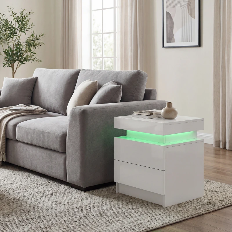 HOMCOM Mesa de Cabeceira com Luz LED Mesa de Cabeceira  Painel de Alto Brilho 2 Gavetas e Controlo 45x35x52 cm Branco