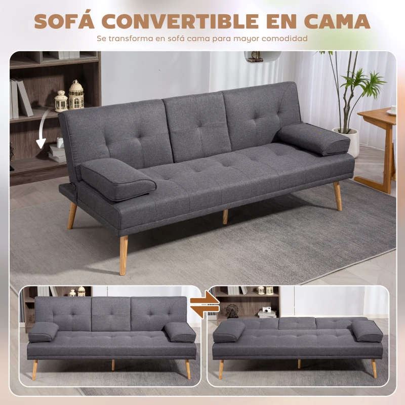 HOMCOM Sofá Cama 3 Plazas Plegable con Respaldo Ajustable de 3 Niveles Reposabrazos Desmontable 181x77x78 cm Gris Oscuro