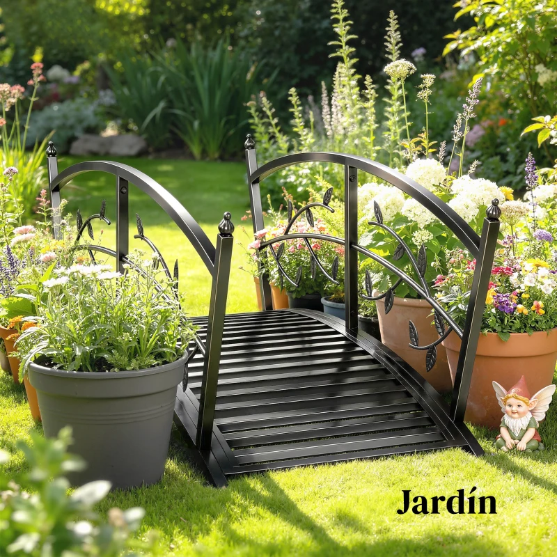 Outsunny Puente de Jardín Metálico 1,2 m Puente Decorativo para Estanques con Barandillas de Seguridad y Diseño de Hojas Negro