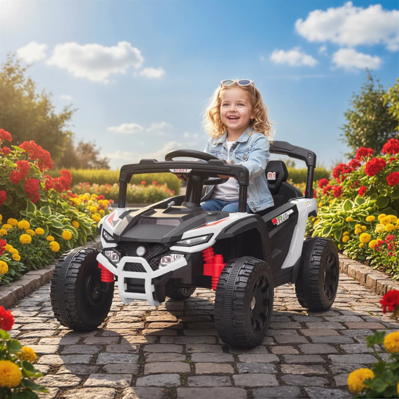 AIYAPLAY Elektro-Kinderauto 12V mit 2 Motoren 2,4G-Fernbedienung Hinterradfederung Scheinwerfer Musik Weiß