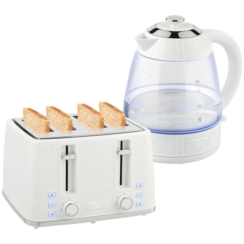 HOMCOM Kettle and Toaster Set, 1.7L 3000W Rapid Kettle with Strix Thermostat, 4 Slice Toaster with 7 Browning Controls, Cream