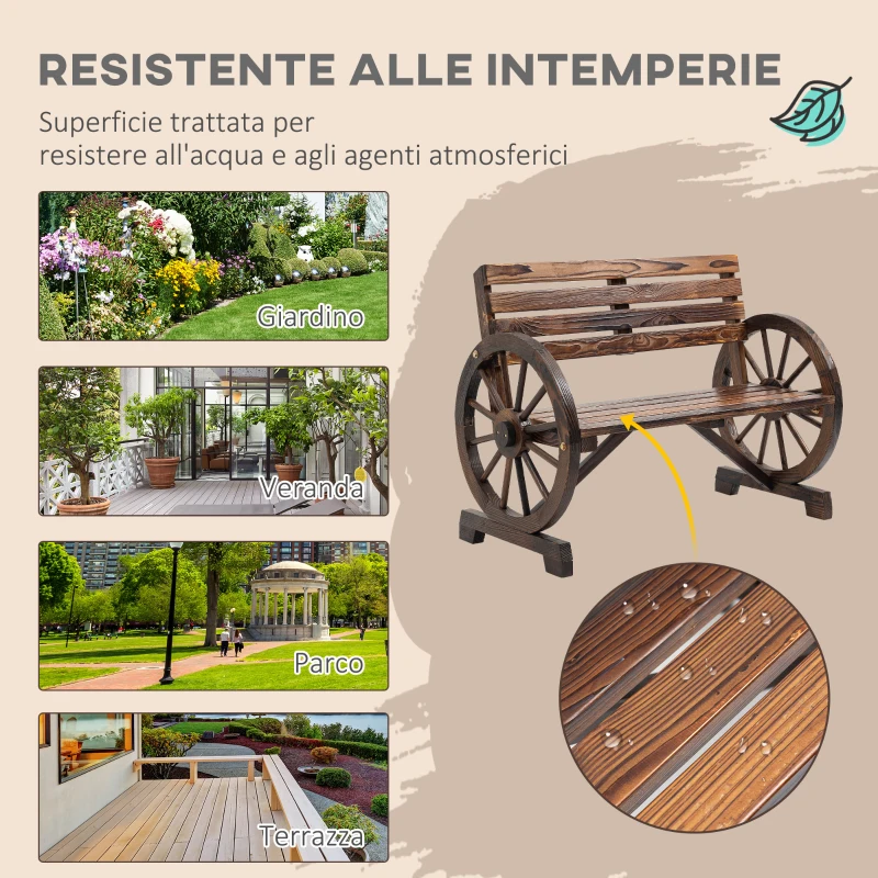 Outsunny Panchina da Giardino 2 Posti a Doghe con Braccioli a Ruota di Carro, in Legno, 105.5x56x79 cm, Marrone Bruciato