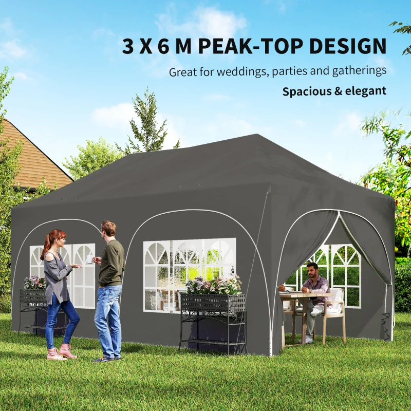 Outsunny 3 x 6m Pop Up Gazebo Shelter with Sides, 6 Sandbags, Peak Top Garden Party Tent Marquee with Carry Bag, Dark Grey