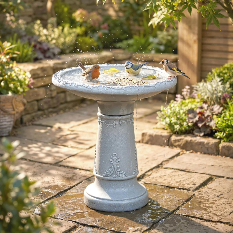 Outsunny Poidło dla ptaków z żywicy, zewnętrzne, okrągłe, 51 cm, imitacja kamienia, stojący karmnik, szare