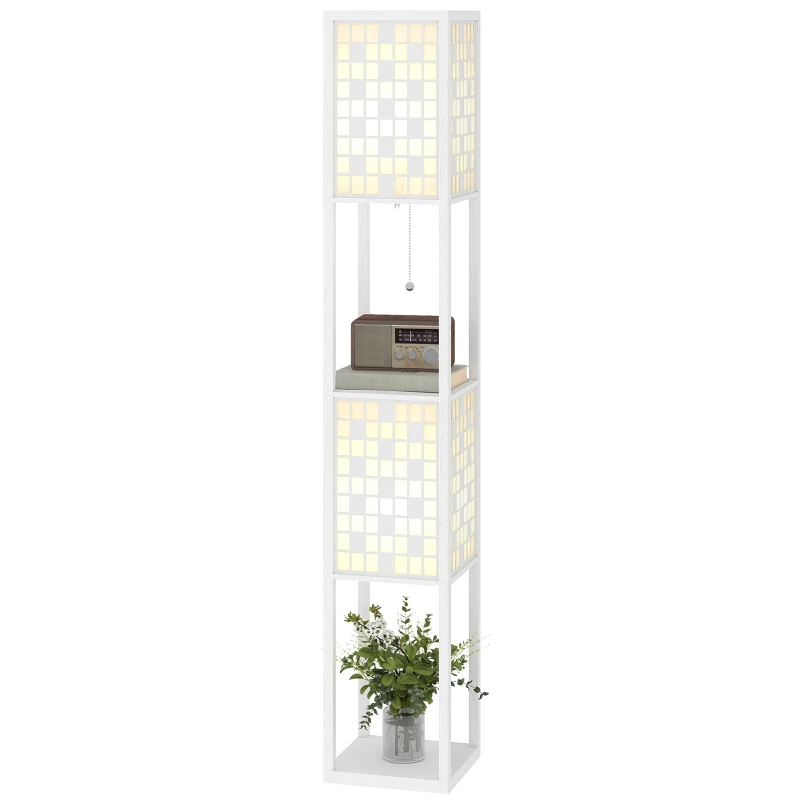 HOMCOM Floor Lamp with Shelves, 2 Layer Grid Pattern Column Modern Standing Lamp with Foot Switch and Pull Chain for Living Room, Bedroom, Office, Bulb Not Included, White