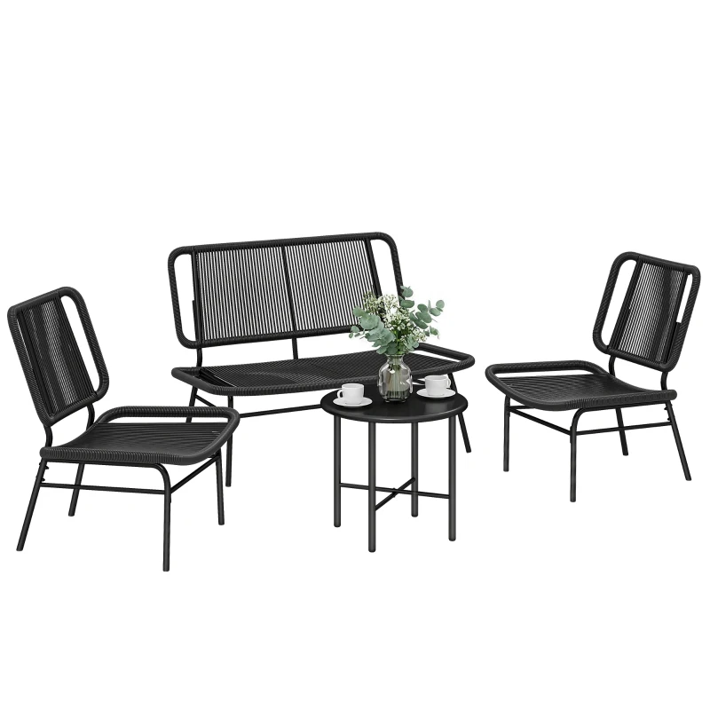 Outsunny Conjunto Jardim de Vime com 4 Peças Inclui Sofá de 2 Lugares 2 Poltronas e Mesa de Centro com Tampo Metálico Preto