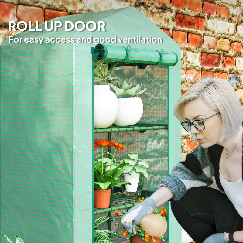 Outsunny 3 Tier Mini Greenhouse Portable Garden Grow House with Roll Up Door and Wire Shelves, 69 x 49 x 125 cm, Green