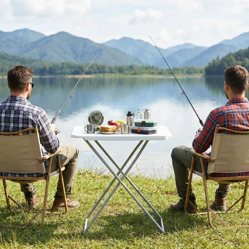 Outsunny Mesa Plegable Camping Portátil con Altura Ajustable en 5 Niveles Encimera de HDPE y Marco Metálico 75x50x73,5 cm Blanco