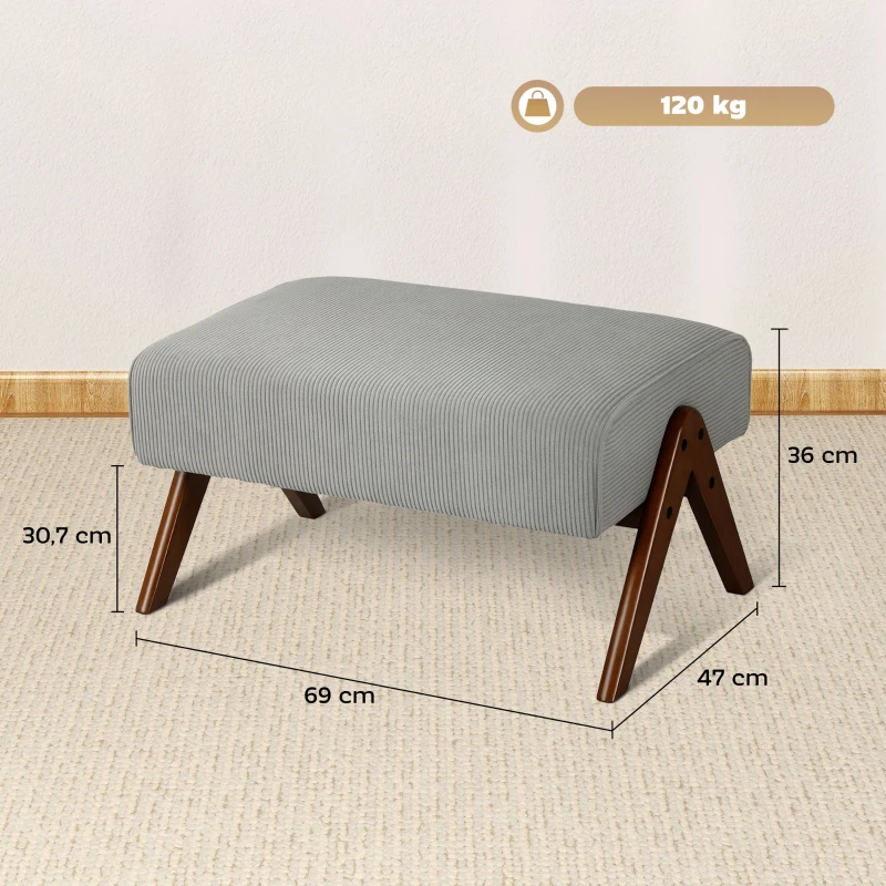 HOMCOM Fußhocker Wohnzimmer Niedriger Hocker Gepolsterter Sitz Holzbeine für Wohnzimmer Schlafzimmer 69x47x36 cm Grau