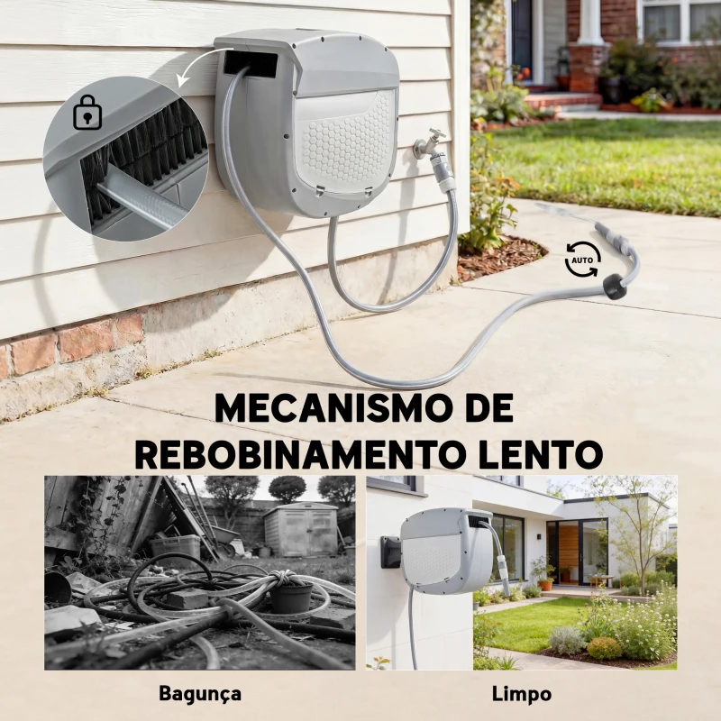 Outsunny Carretel de Mangueira para Jardim 20+1,9 m com Bico de 2 Modos Bloqueio Automático e Retracção Suporte Orientável 180° Cinza