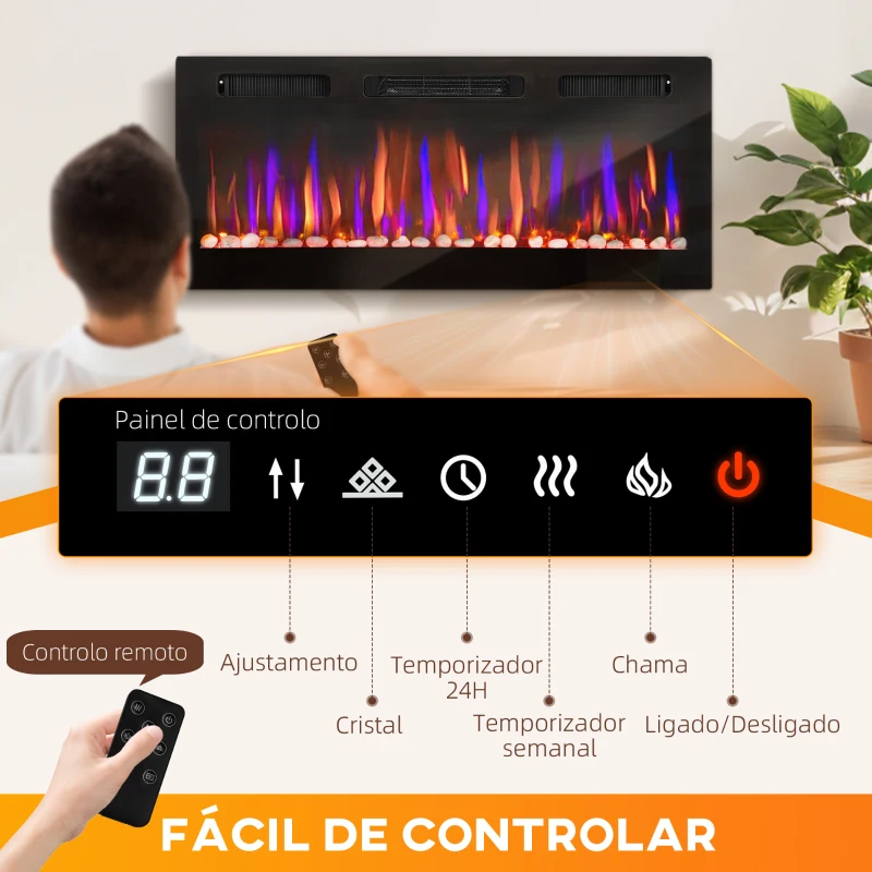 HOMCOM Lareira Elétrica Ultrafina de Parede e Embutir com Chama 3D Brilho/Velocidade Ajustável 12 Cores Pedras 900/1800W 106,7x9,4x47 cm Preto