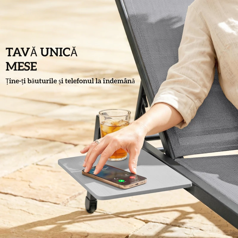 Outsunny Set 2 Șezlonguri Reglabile în 5 Poziții cu Măsuță Laterală și 2 Roți, din Metal și Poliester, Gri