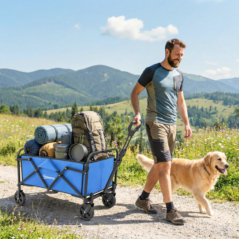 Outsunny Chariot de jardin pliable à roues Poignée réglable Charge 68 kg pour Campaña Achats 81x45x89 cm Bleu