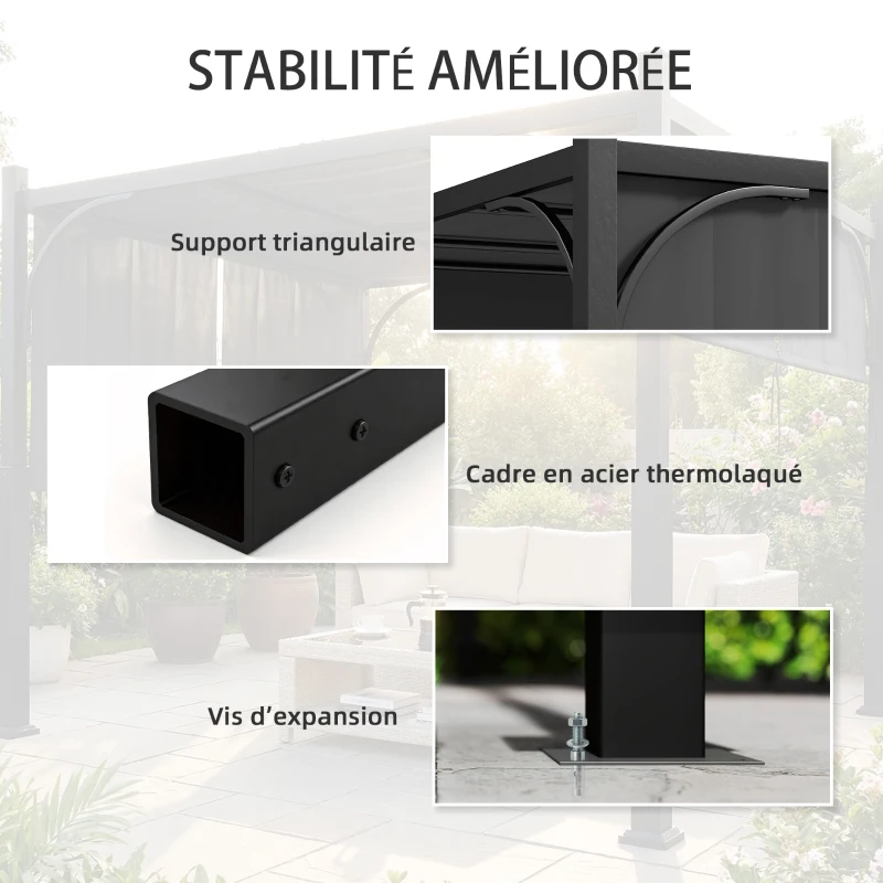 Outsunny Pergola de jardin 3 x 3 m tonnelle de jardin avec Auvent coulissant, structure métallique, pour extérieur, Gris Foncé