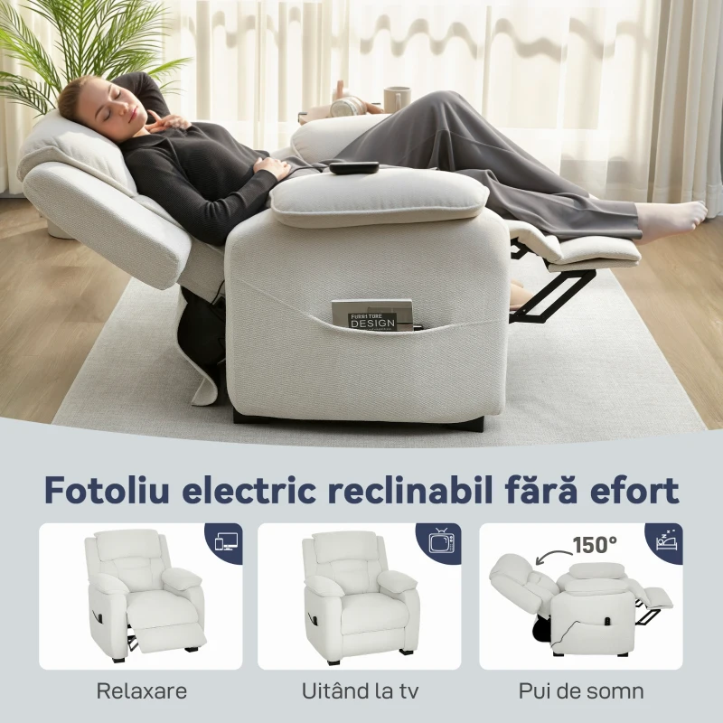 HOMCOM Fotoliu Reclinabil 150° cu Aspect Catifea, Suport pentru Picioare, Telecomandă și Buzunar Lateral, 96x90x103 cm, Bej