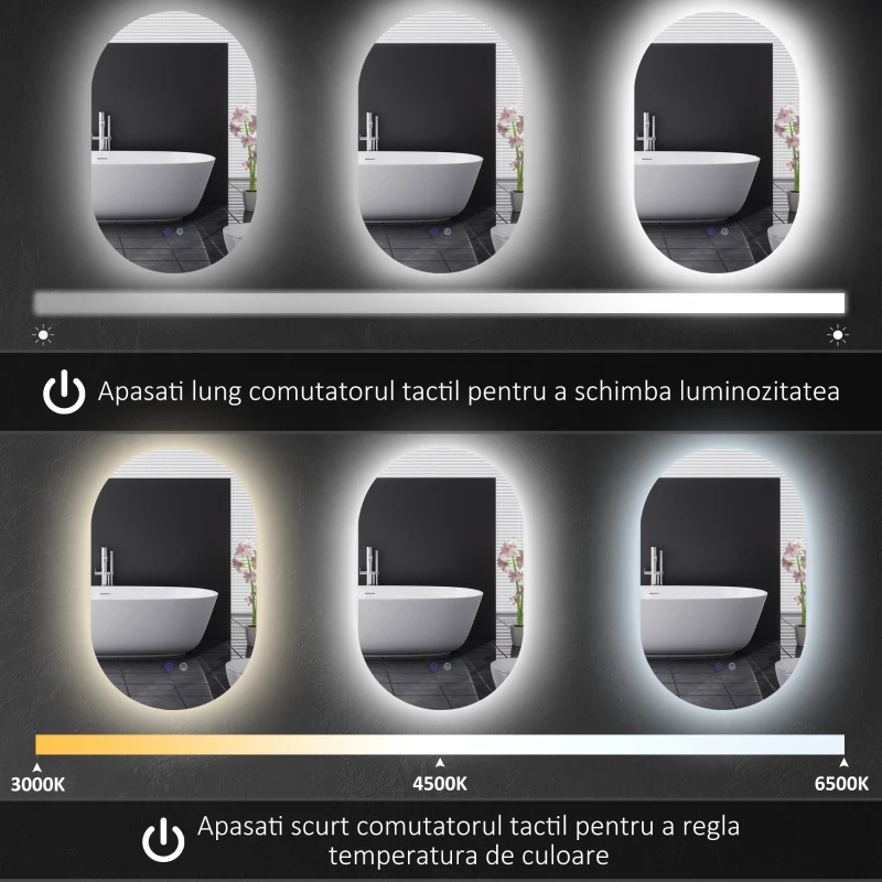 kleankin Oglindă de Baie LED Antiaburire cu Luminozitate Reglabilă, din Sticlă și Aluminiu, 81x51x4.5 cm