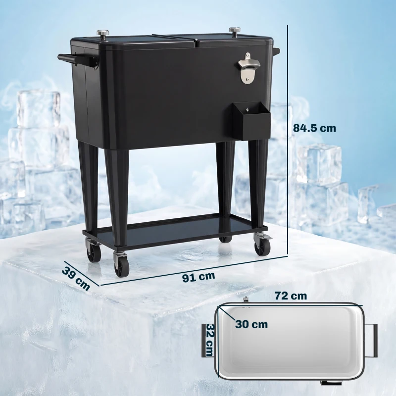 Outsunny Cărucior Frigider 76L cu raft, Deschizător de sticle și Colector de capace, din Plastic și Oțel, 91x39x84.5 cm, Negru