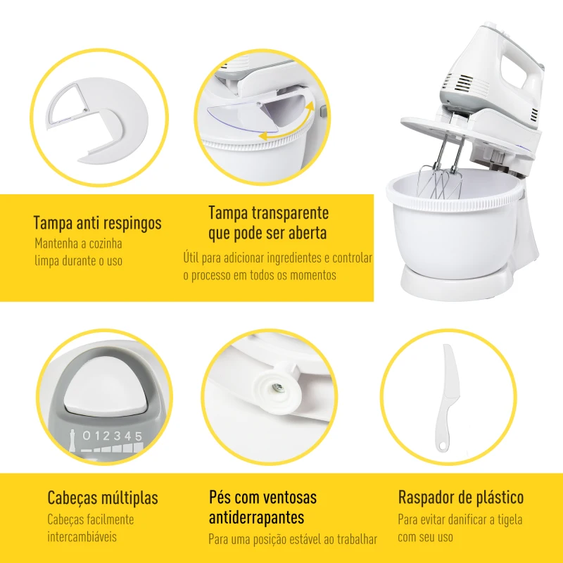 HOMCOM Batedeira de Pastelaria Profissional Multifuncional Robô de Cozinha 3.4 litros com 6 velocidades Inclui 3 cabeças 300 W de aço inoxidável branco