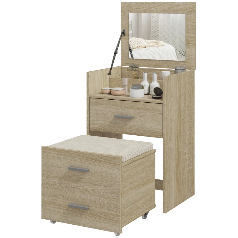HOMCOM Tavolo da Trucco con Specchio a Ribalta, Cassetti e Sgabello, in Legno e Tessuto Effetto Lino, color Legno