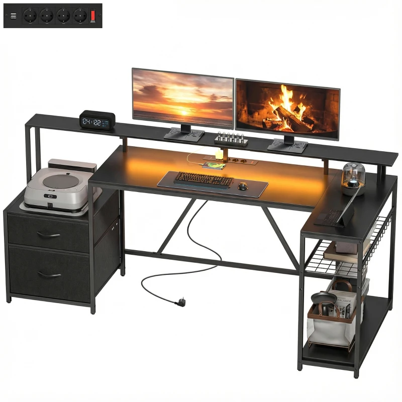 HOMCOM Scrivania Gaming Angolare con Hub di Ricarica, Luci LED e Supporto Monitor, in Legno e Acciaio, 192.5x80x86.5 cm, Nero
