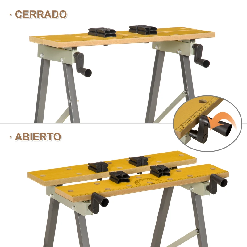 DURHAND Banco de Trabajo Plegable 4 en 1 Mesa de Trabajo con 4 Abrazaderas 2 Manivelas 62,5x60,5x78,5 cm Natural y Gris
