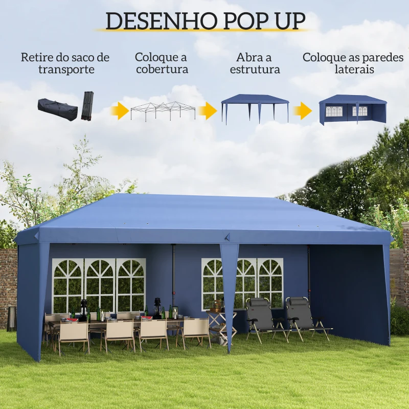 Outsunny Tenda Dobrável 6x3 m Pop-up com 4 Laterais Desmontáveis Tenda de Jardim com 2 Janelas Visíveis Saco de Transporte Azul