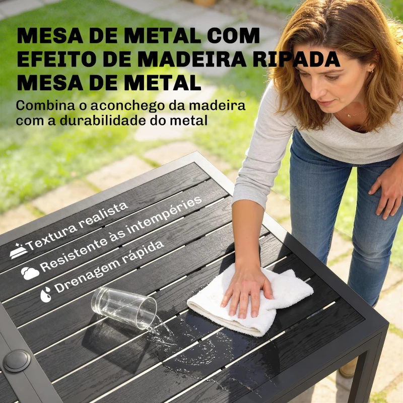 Outsunny Conjunto de Mesa e Cadeiras Jardim de 7 Peças com Mesa Metálica Efeito Madeira e 6 Cadeiras Empilháveis Cinza Misto