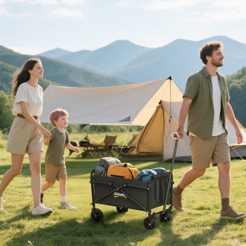 Outsunny Cărucior de Grădină Pliabil 41L cu 4 Roți, Trolley de Camping din Metal și Material Textil Oxford cu Geantă de Transport și Mâner Reglabil, Negru