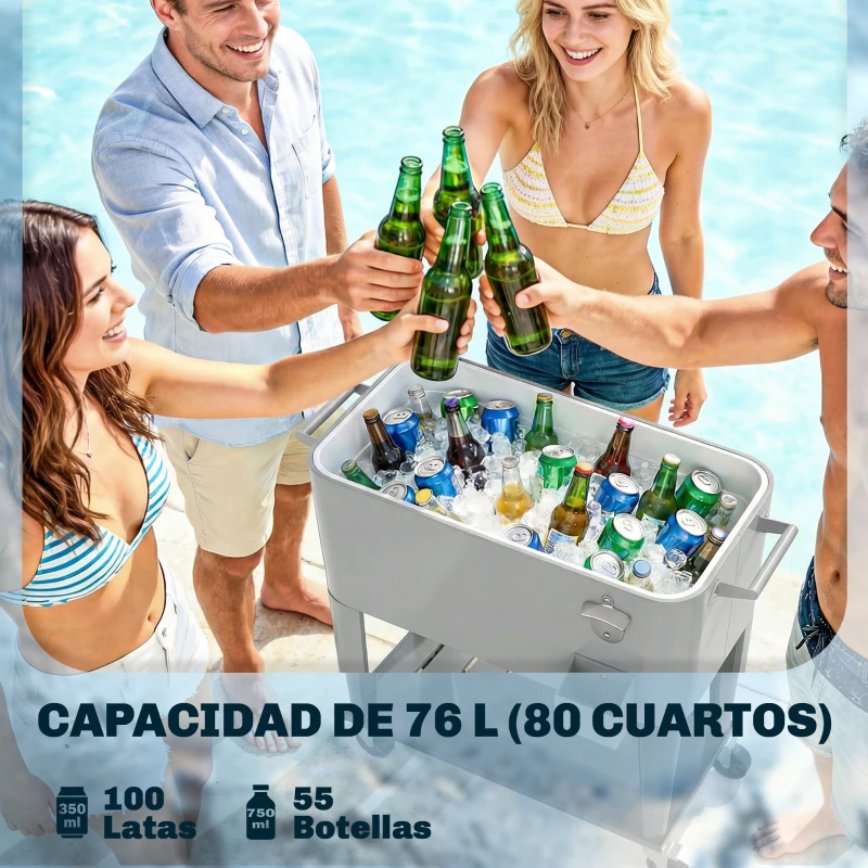 Outsunny Carrito Nevera de 76L con Ruedas Estante Abrebotellas Recogetapas Drenaje y 2 Asas para Patio Fiesta 92x39x81 cm Plata