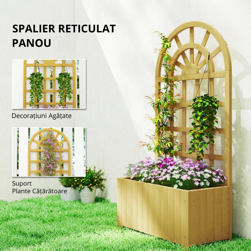 Outsunny Jardinieră cu spalier din lemn cu drenaj pentru cultivare legume, flori, ierburi aromatice 60x30x120 cm natural