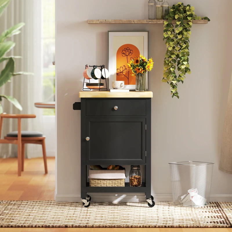 HOMCOM Küchenrollwagen auf Rollen, Servierwagen, Arbeitsplatte aus Gummibaumholz, Schublade, 63,5 x 40 x 90 cm, schwarz