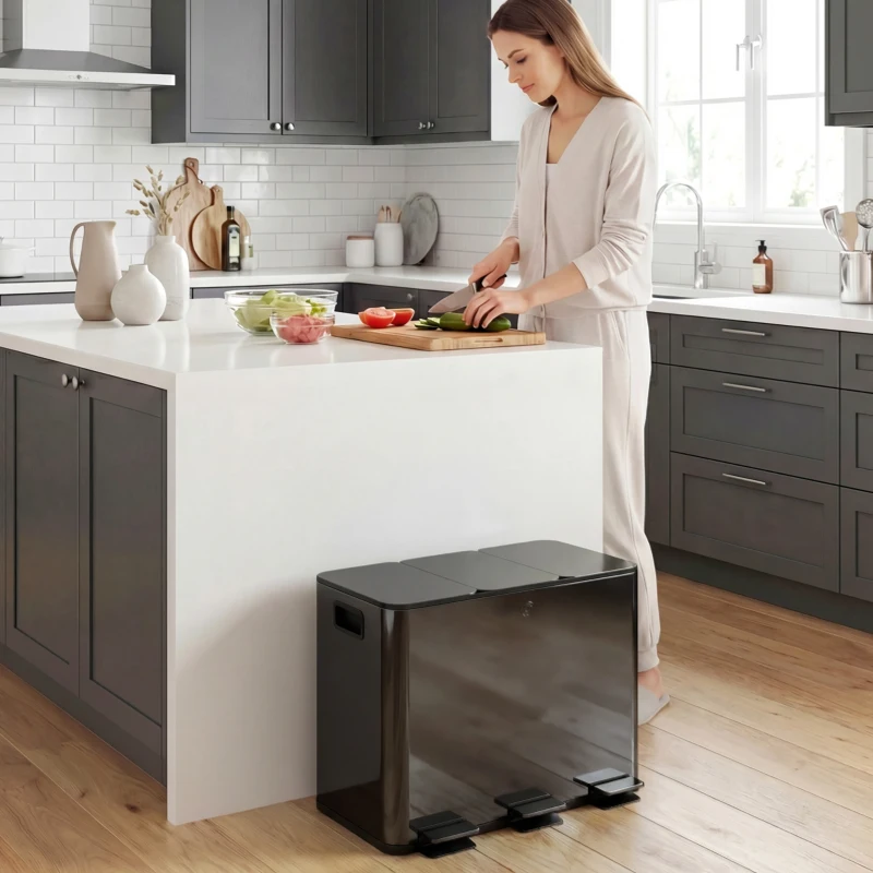 HOMCOM 3 x 15L Pedal Bin, Steel Triple Kitchen Bin with Soft Close Lid, Removable Inner Buckets, Fingerprint-Proof, Black