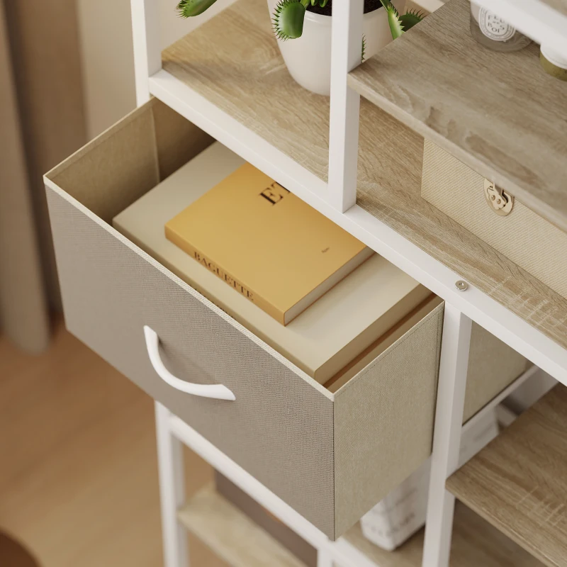 HOMCOM Aufbewahrungsregal 6 Ebenen, Bücherregal mit 2 Stoffschubladen, 9 offene Regalfächer, 72,5 x 30 x 150 cm, weiß