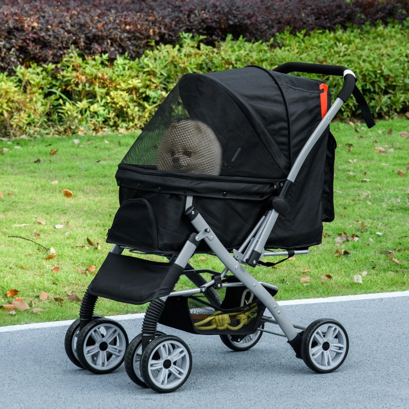 PawHut Poussette buggy pliable chien chat panier et sac de rangement attaches sécurité housse réglable acier Oxford noir