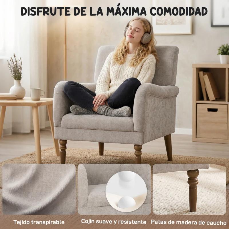 HOMCOM Sofá Individual Tapizado en Lino Reposabrazos Estilizados Patas de Madera Maciza Acolchado Grueso Gris