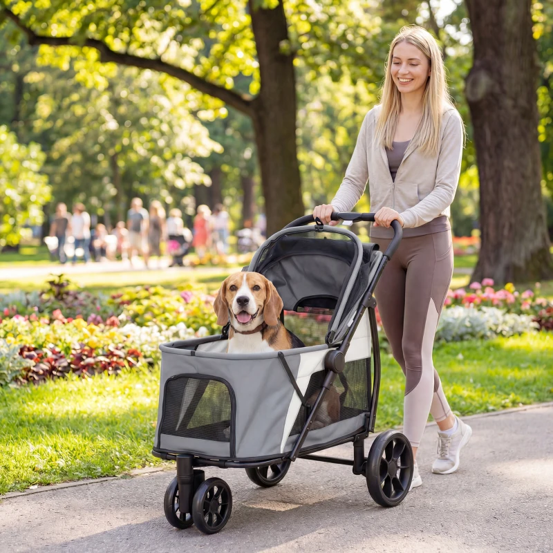 PawHut Wózek dla psa składany z zmywalną poduszką, oknami z siatki, 3 kołami, dla średnich psów do 20 kg, szary
