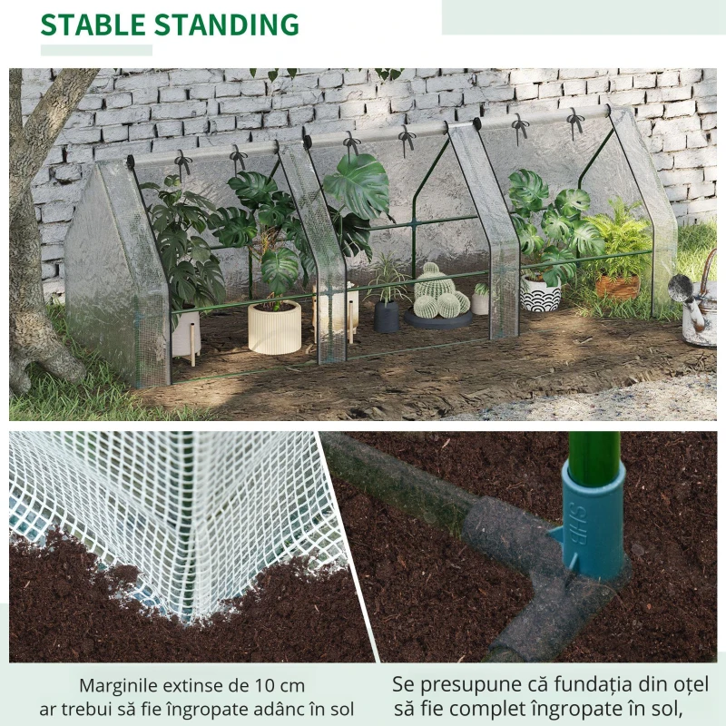 Outsunny Sera de Gradina tip Tunel din PE pentru Plante si Flori cu Margini Extinse si Usi cu Fermoar 295x100x80 cm, Alb lucios