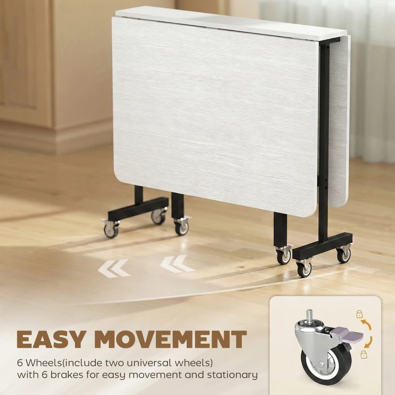 HOMCOM Mobilny Stół Składany z 6 Kółkami i Hamulcami, Składany Stół Kuchenny do Małych Przestrzeni, Biały