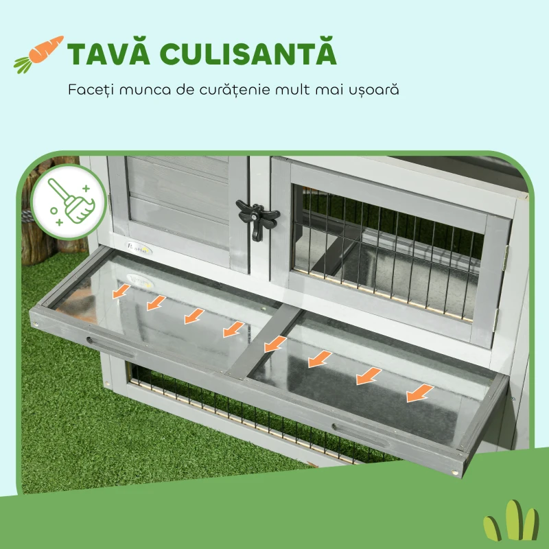 PawHut Cușcă pentru Iepuri de Exterior cu Rampă, Acoperiș Rabatabil și Tăviță, Cușcă din Lemn de Brad, 150x52x68 cm, Gri Deschis