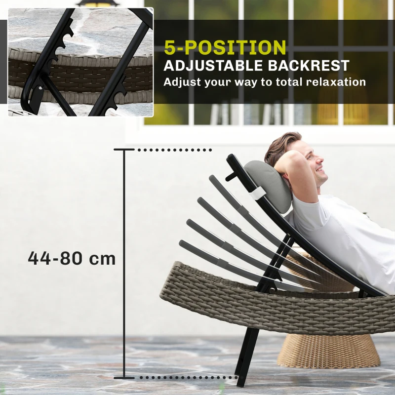 Outsunny Rattan Sun Lounger, Garden Recliner with 5 Position Adjustable Back, S Shaped Texteline Seat, Headrest, Light Grey